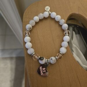 Tjazelle One Of A Kind White and Light Pink Beaded Bracelet with Heart Charm
